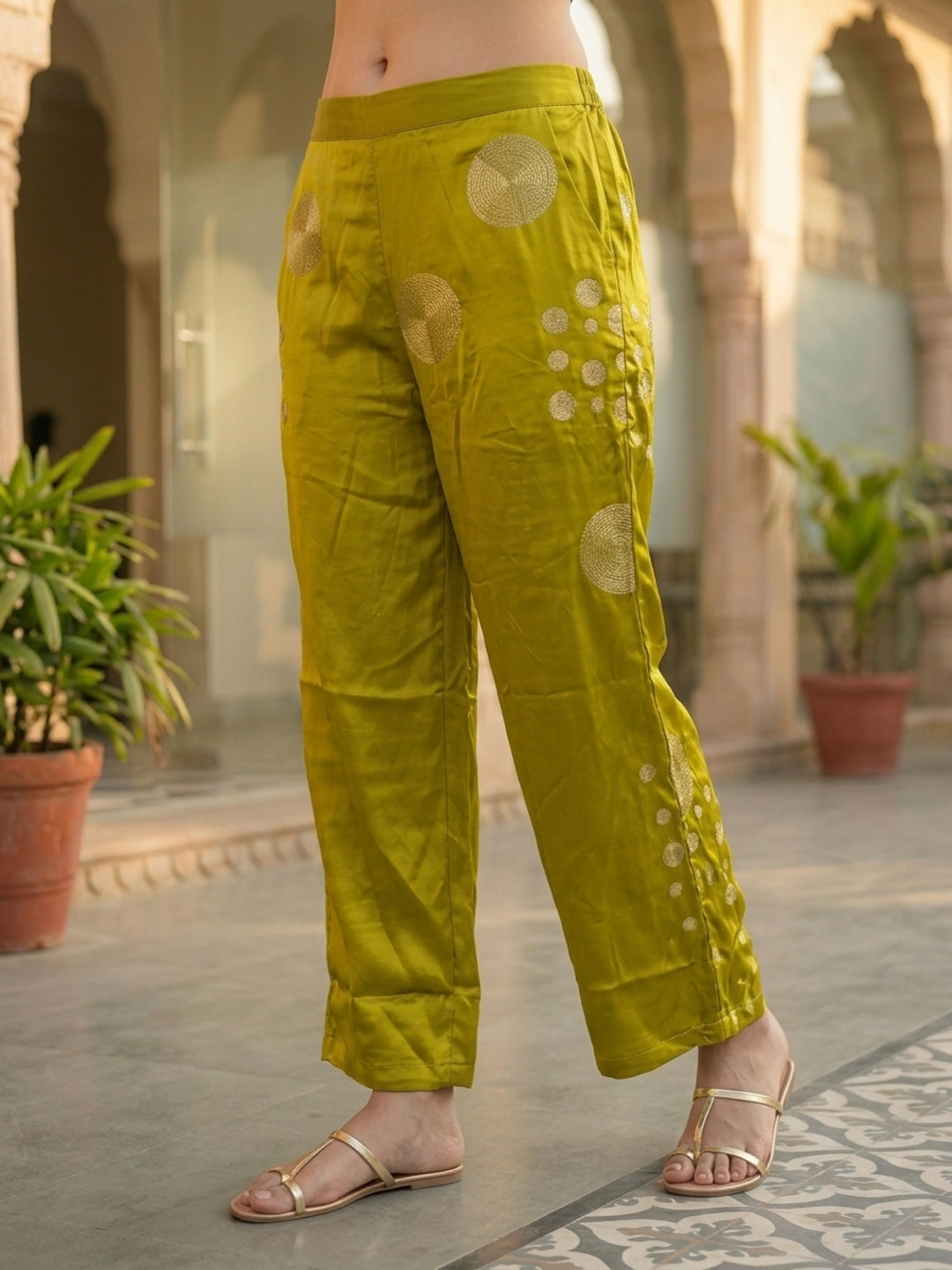Lime Green Brocade Polka Woven Shirt Collar Kurta Co-ord Set with Wide-Leg Pant