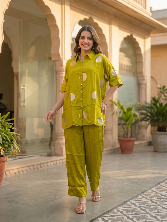 Lime Green Brocade Polka Woven Shirt Collar Kurta Co-ord Set with Wide-Leg Pant