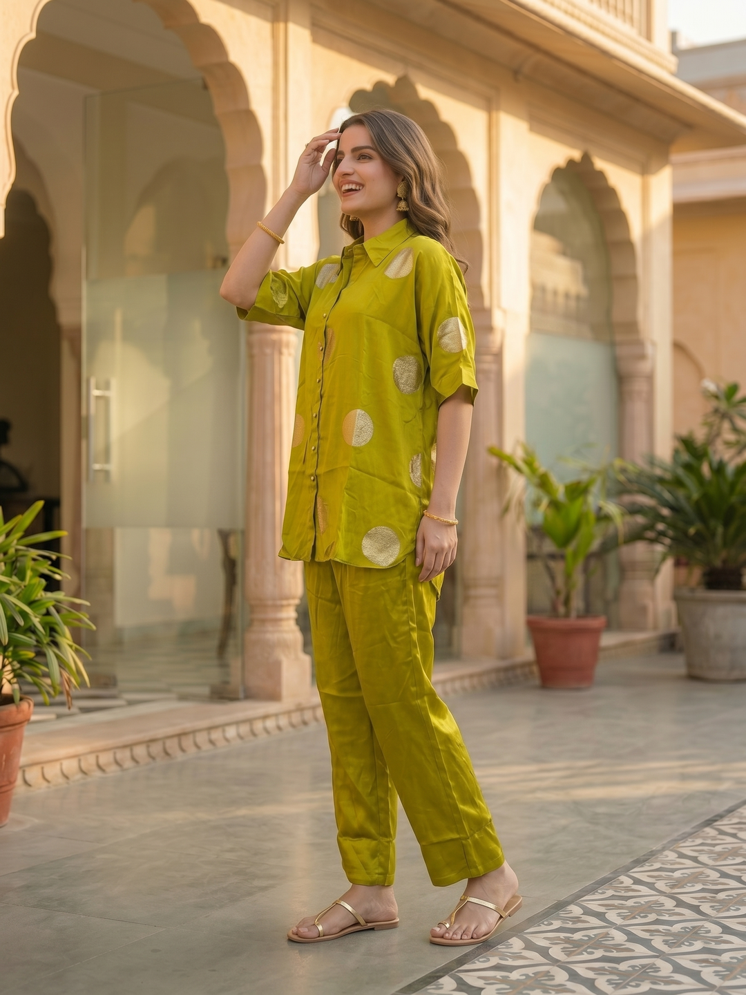 Lime Green Brocade Polka Woven Shirt Collar Kurta Co-ord Set with Wide-Leg Pant