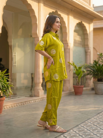 Lime Green Brocade Polka Woven Shirt Collar Kurta Co-ord Set with Wide-Leg Pant