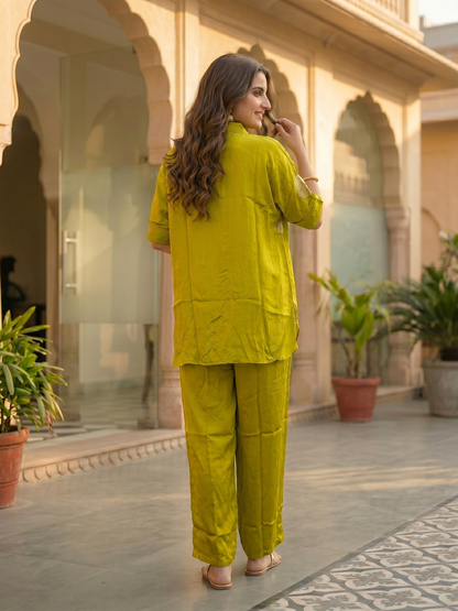 Lime Green Brocade Polka Woven Shirt Collar Kurta Co-ord Set with Wide-Leg Pant