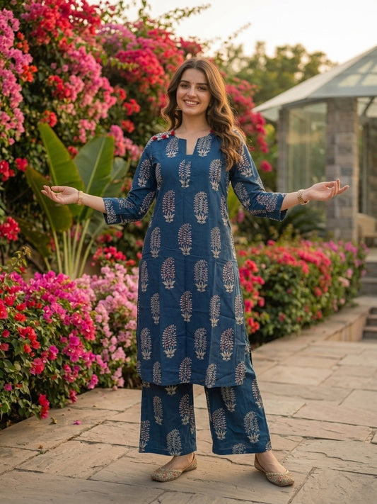 Ethnic Printed Straight Kurta with Wide-Leg Pant Co-ord Set - Blue