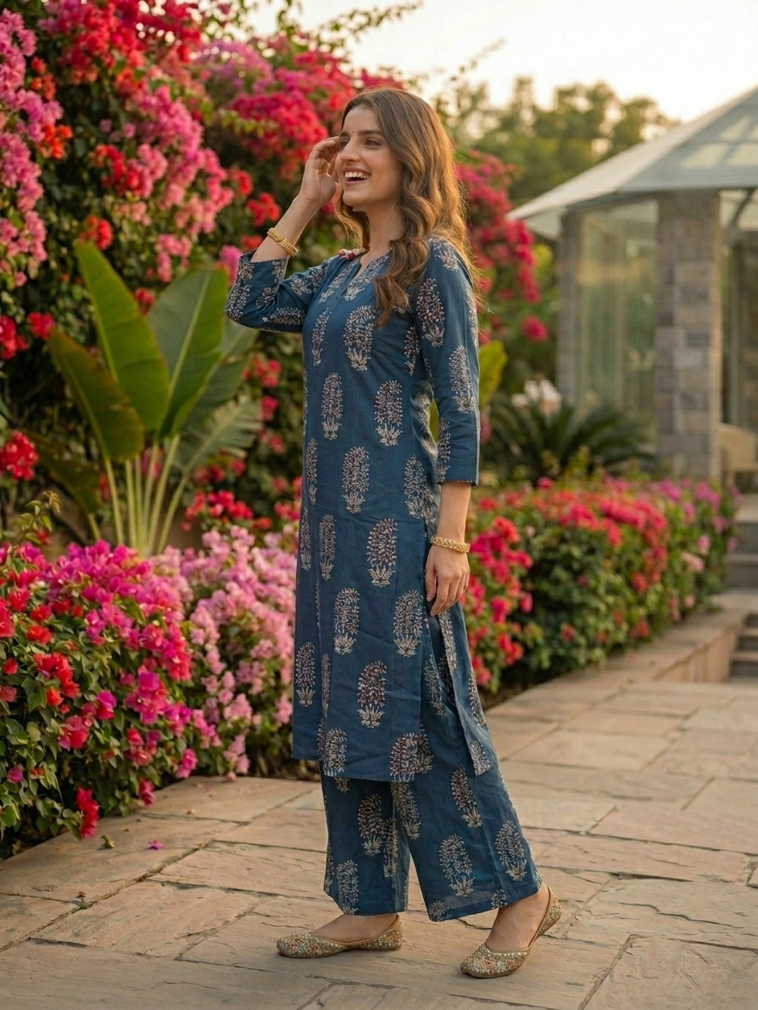 Ethnic Printed Straight Kurta with Wide-Leg Pant Co-ord Set - Blue