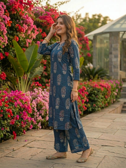 Ethnic Printed Straight Kurta with Wide-Leg Pant Co-ord Set - Blue