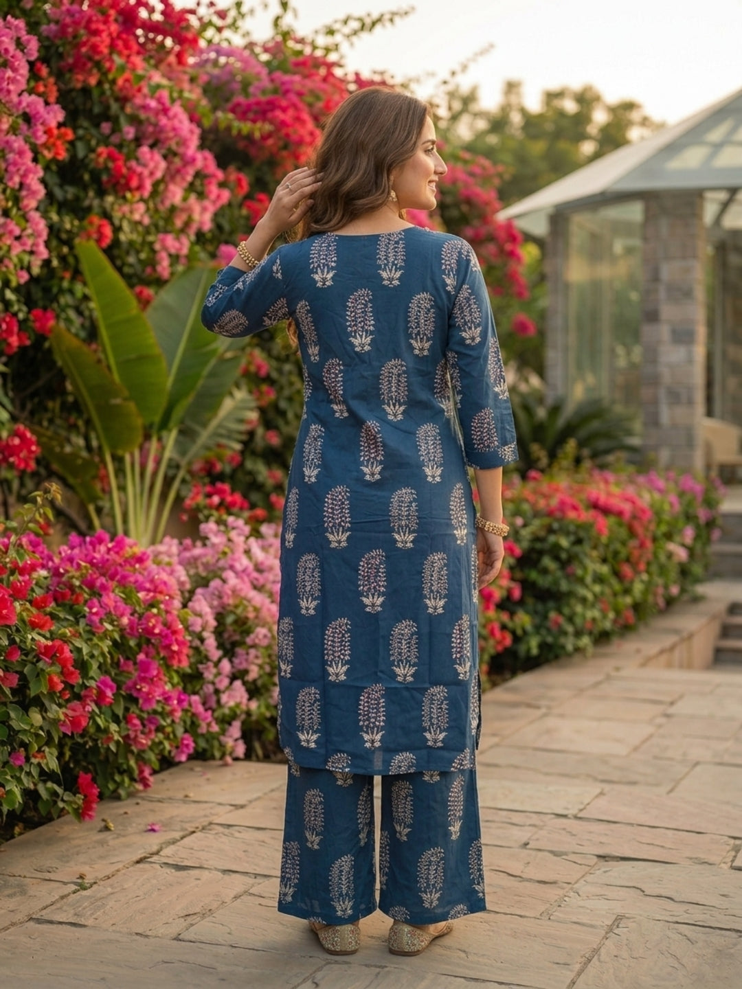 Ethnic Printed Straight Kurta with Wide-Leg Pant Co-ord Set - Blue
