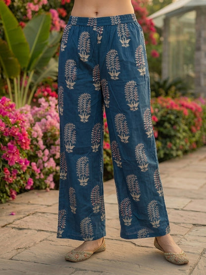 Ethnic Printed Straight Kurta with Wide-Leg Pant Co-ord Set - Blue