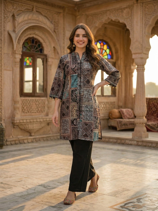Ethnic Floral Printed & Sequin Work Straight Kurta with Pant - Multi