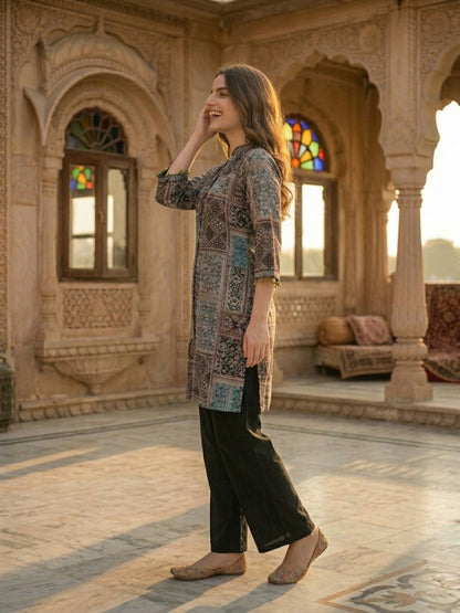 Ethnic Floral Printed & Sequin Work Straight Kurta with Pant - Multi