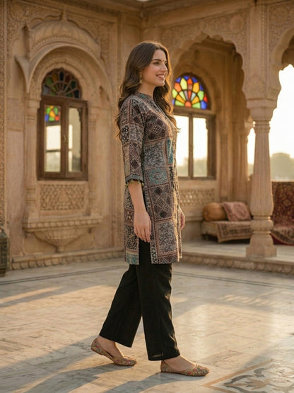 Ethnic Floral Printed & Sequin Work Straight Kurta with Pant - Multi