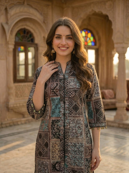 Ethnic Floral Printed & Sequin Work Straight Kurta with Pant - Multi