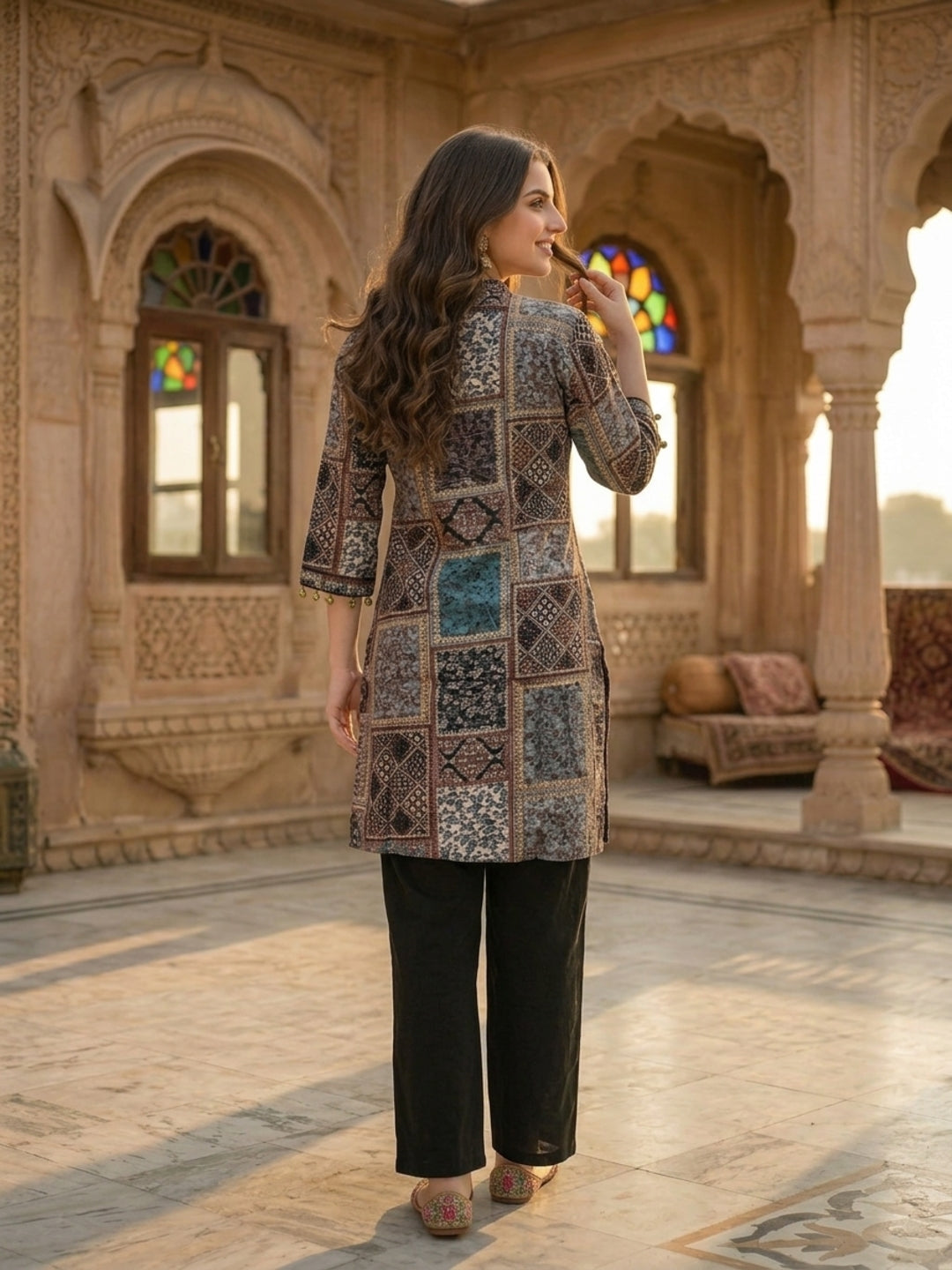 Ethnic Floral Printed & Sequin Work Straight Kurta with Pant - Multi