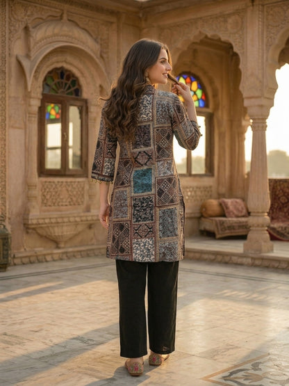 Ethnic Floral Printed & Sequin Work Straight Kurta with Pant - Multi