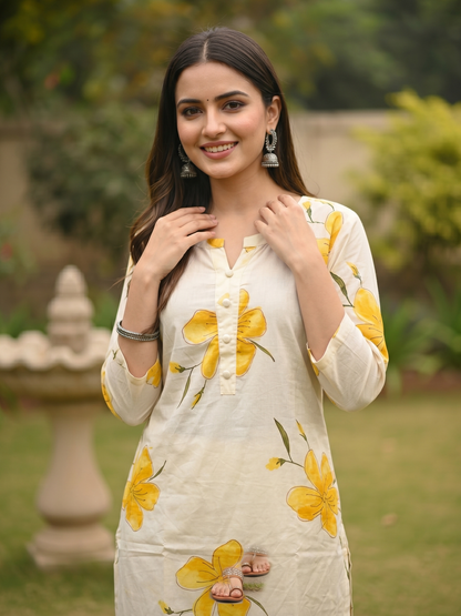 Floral Printed Straight Kurta with Palazzo Co-ord Set - Off White