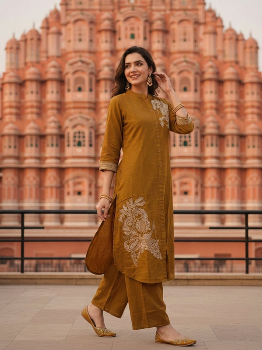 Solid Placement Embroidered A-Line Kurta with Palazzo - Mustard