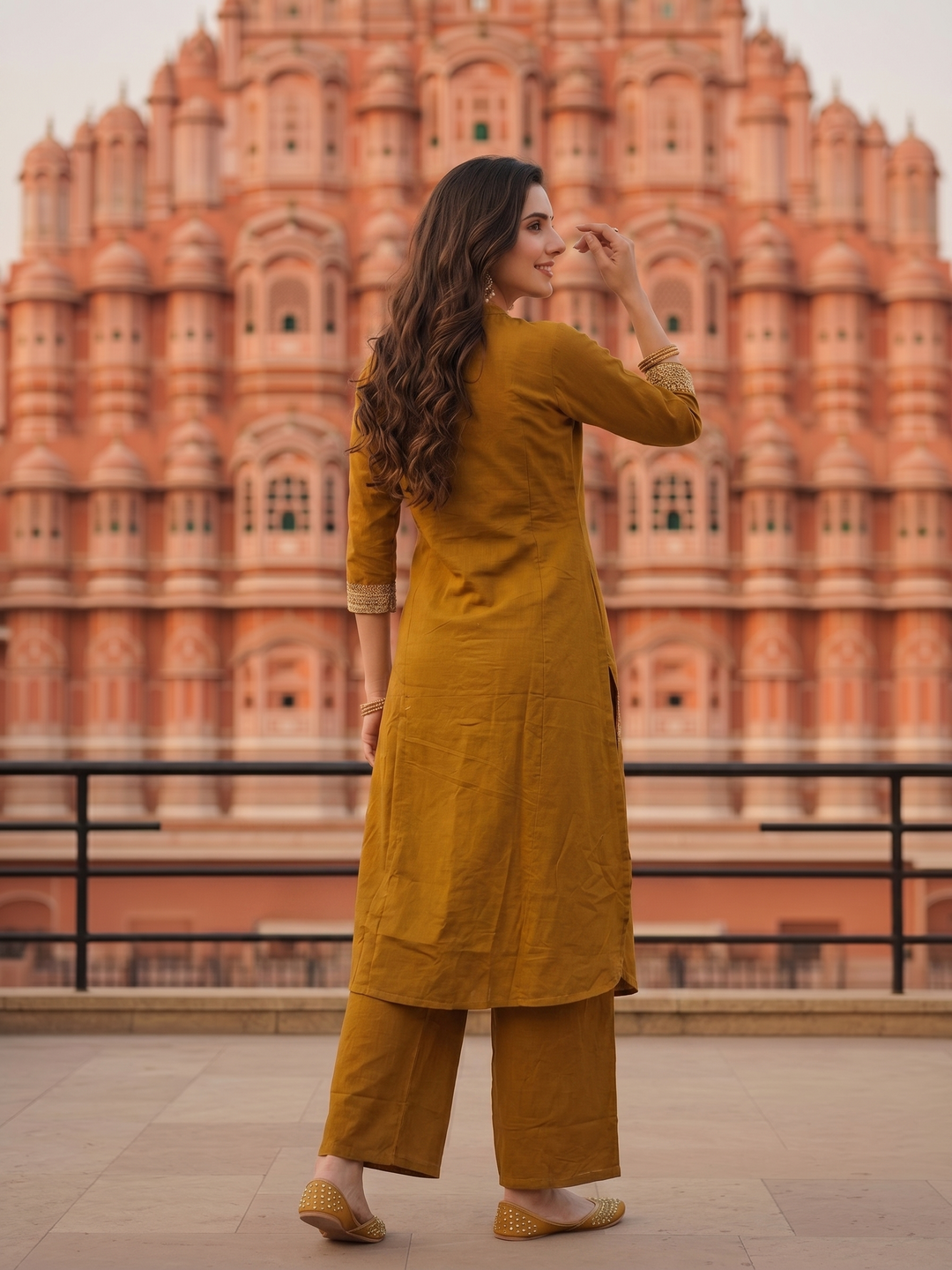 Solid Placement Embroidered A-Line Kurta with Palazzo - Mustard