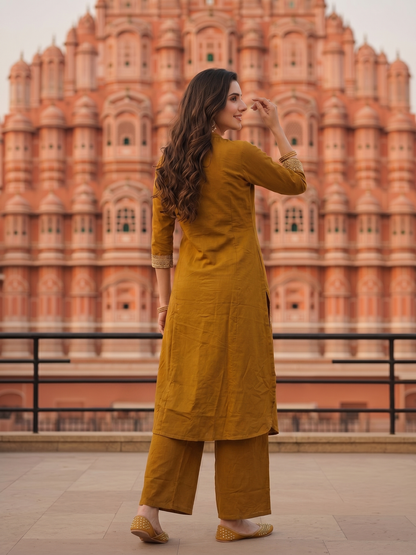 Solid Placement Embroidered A-Line Kurta with Palazzo - Mustard