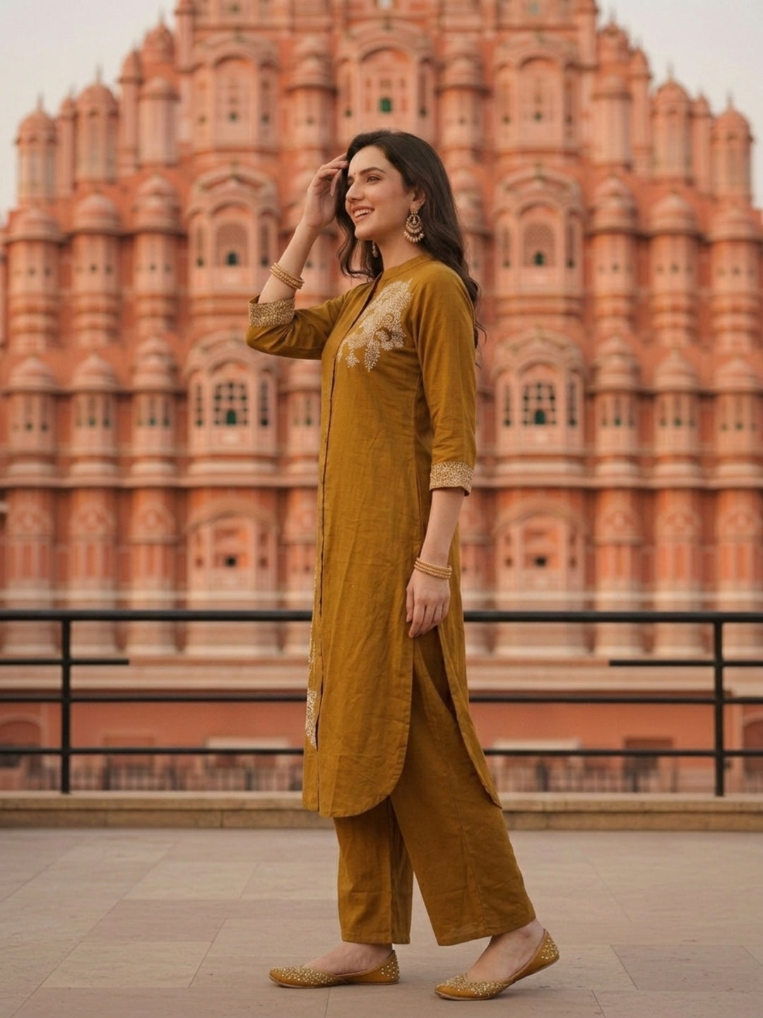 Solid Placement Embroidered A-Line Kurta with Palazzo - Mustard