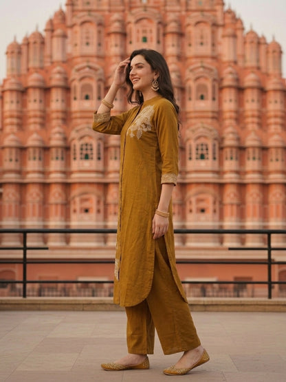 Solid Placement Embroidered A-Line Kurta with Palazzo - Mustard