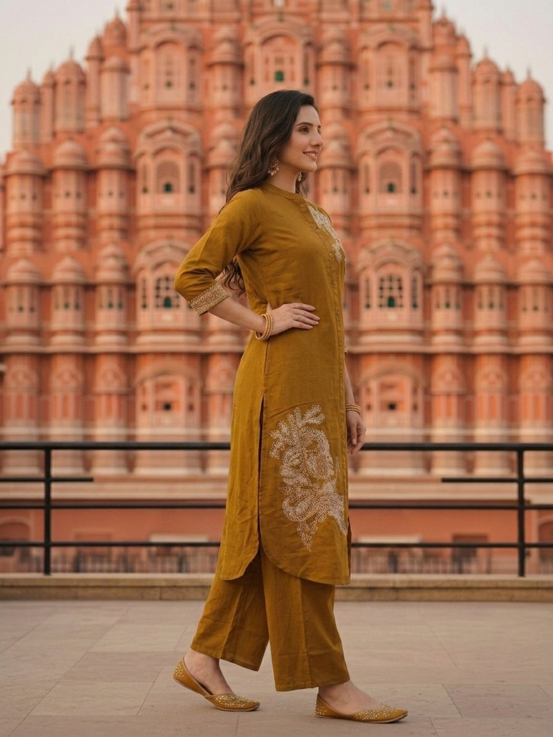 Solid Placement Embroidered A-Line Kurta with Palazzo - Mustard