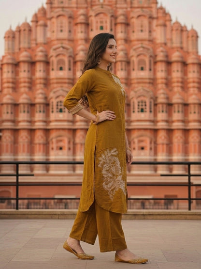 Solid Placement Embroidered A-Line Kurta with Palazzo - Mustard
