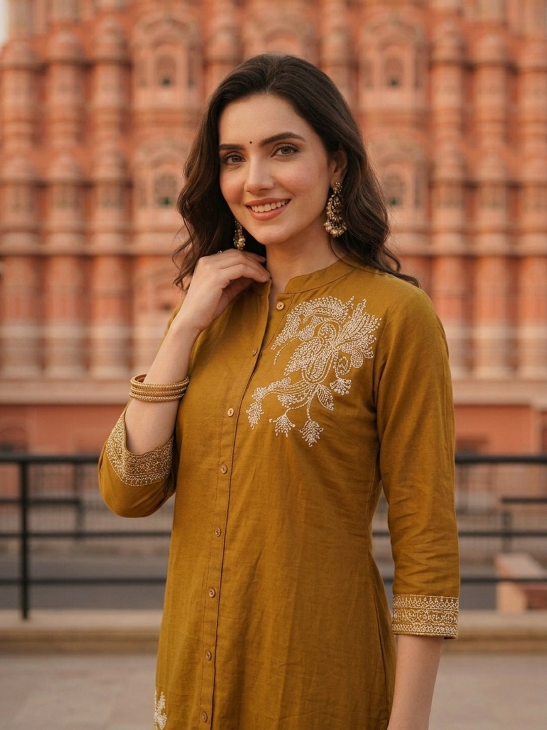 Solid Placement Embroidered A-Line Kurta with Palazzo - Mustard