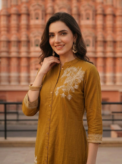 Solid Placement Embroidered A-Line Kurta with Palazzo - Mustard