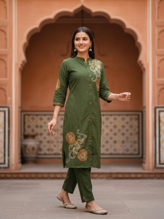 Solid Abstract Embroidered A-Line Kurta with Palazzo - Olive