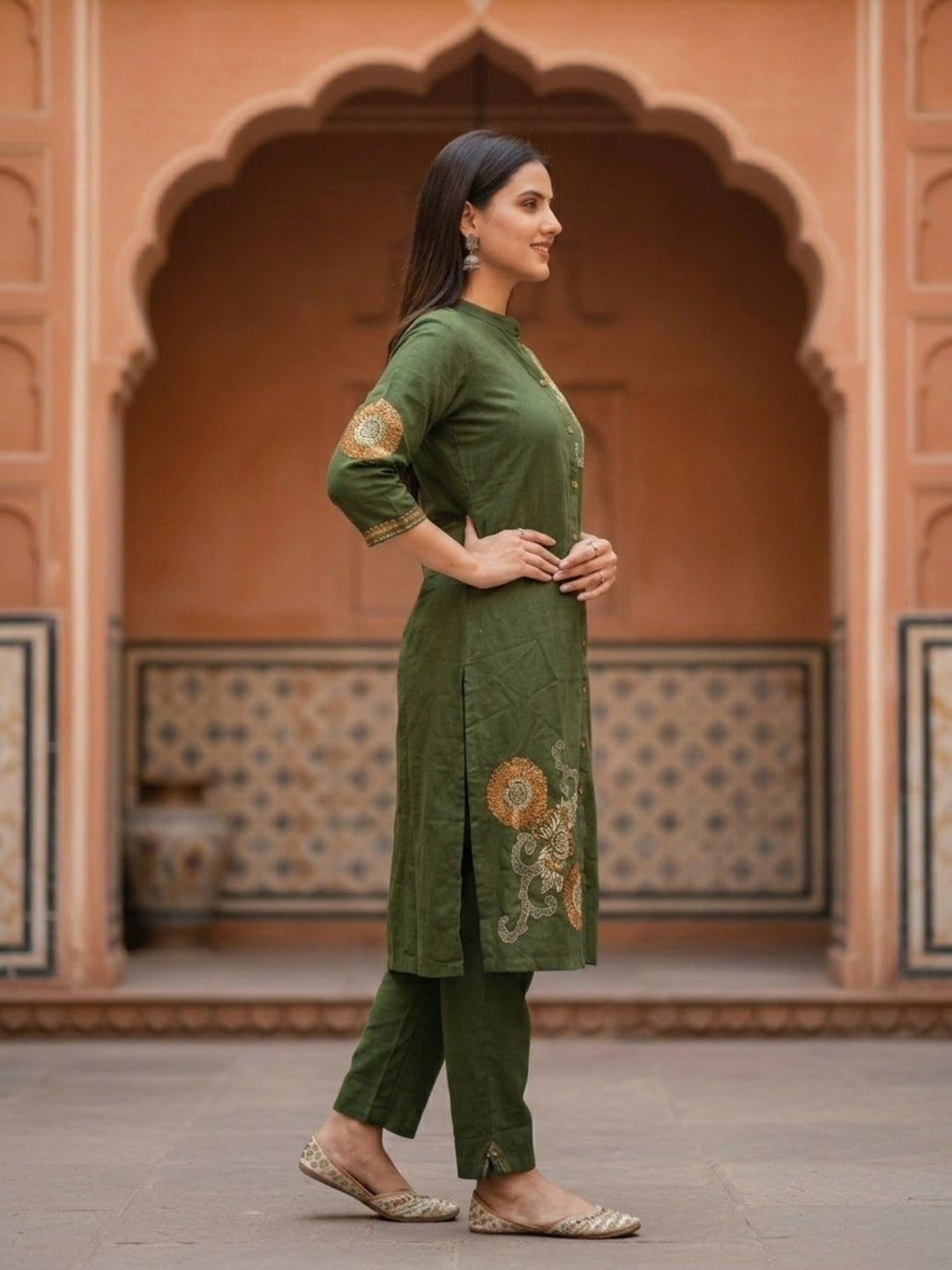 Solid Abstract Embroidered A-Line Kurta with Palazzo - Olive