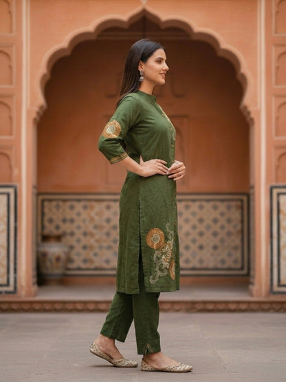 Solid Abstract Embroidered A-Line Kurta with Palazzo - Olive