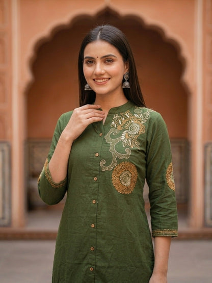 Solid Abstract Embroidered A-Line Kurta with Palazzo - Olive