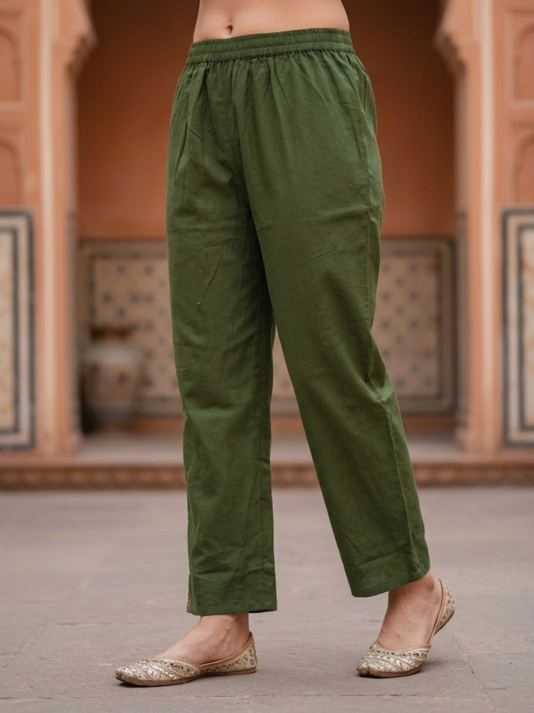 Solid Abstract Embroidered A-Line Kurta with Palazzo - Olive
