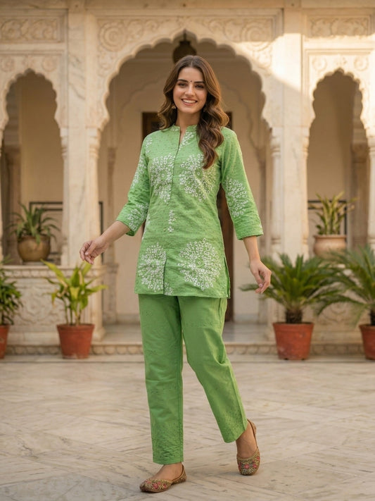 Abstract Printed Schiffli A-Line Kurta with Palazzo Co-ord Set - Green