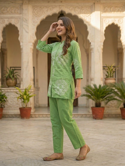 Abstract Printed Schiffli A-Line Kurta with Palazzo Co-ord Set - Green