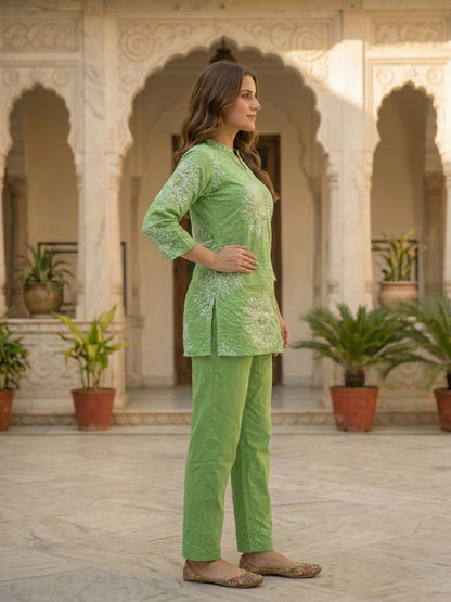 Abstract Printed Schiffli A-Line Kurta with Palazzo Co-ord Set - Green