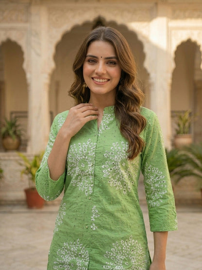 Abstract Printed Schiffli A-Line Kurta with Palazzo Co-ord Set - Green