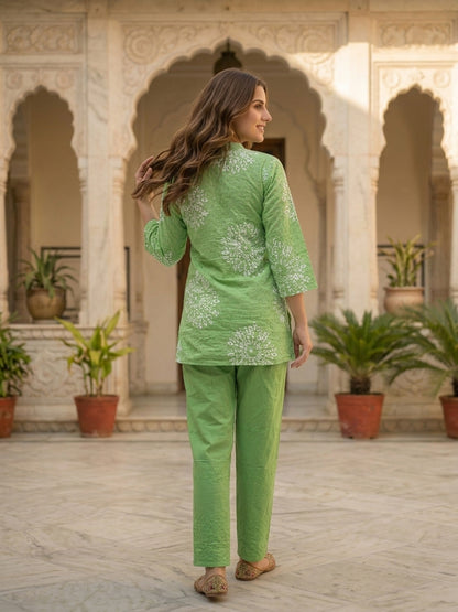 Abstract Printed Schiffli A-Line Kurta with Palazzo Co-ord Set - Green