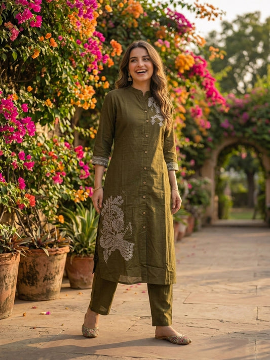 Solid Thread Embroidered Straight Kurta with Pant Co-ord Set - Olive Green