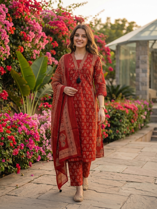 Ethnic Bagru Printed Sequin A-Line Kurta with Palazzo & Dupatta - Maroon