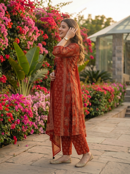Ethnic Bagru Printed Sequin A-Line Kurta with Palazzo & Dupatta - Maroon
