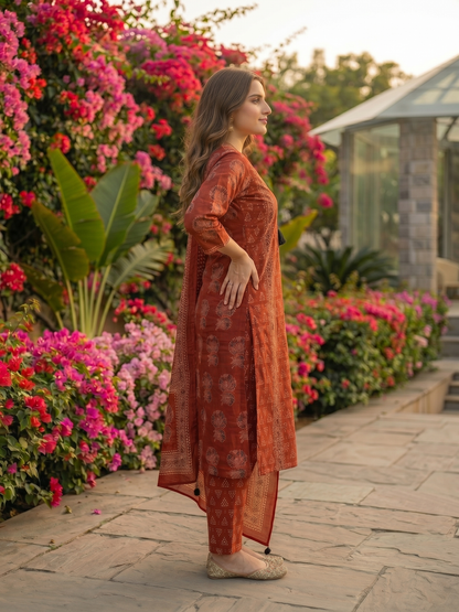 Ethnic Bagru Printed Sequin A-Line Kurta with Palazzo & Dupatta - Maroon