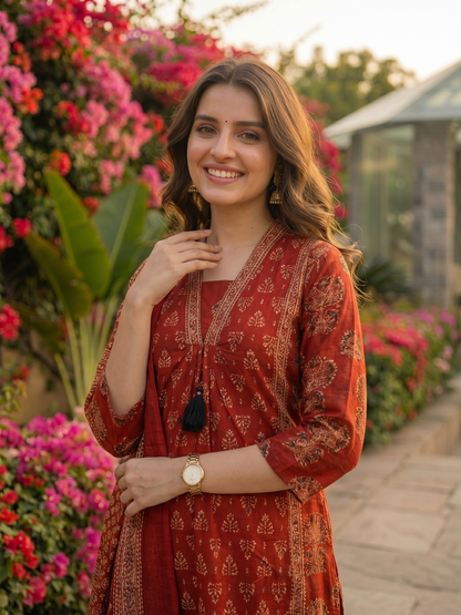 Ethnic Bagru Printed Sequin A-Line Kurta with Palazzo & Dupatta - Maroon