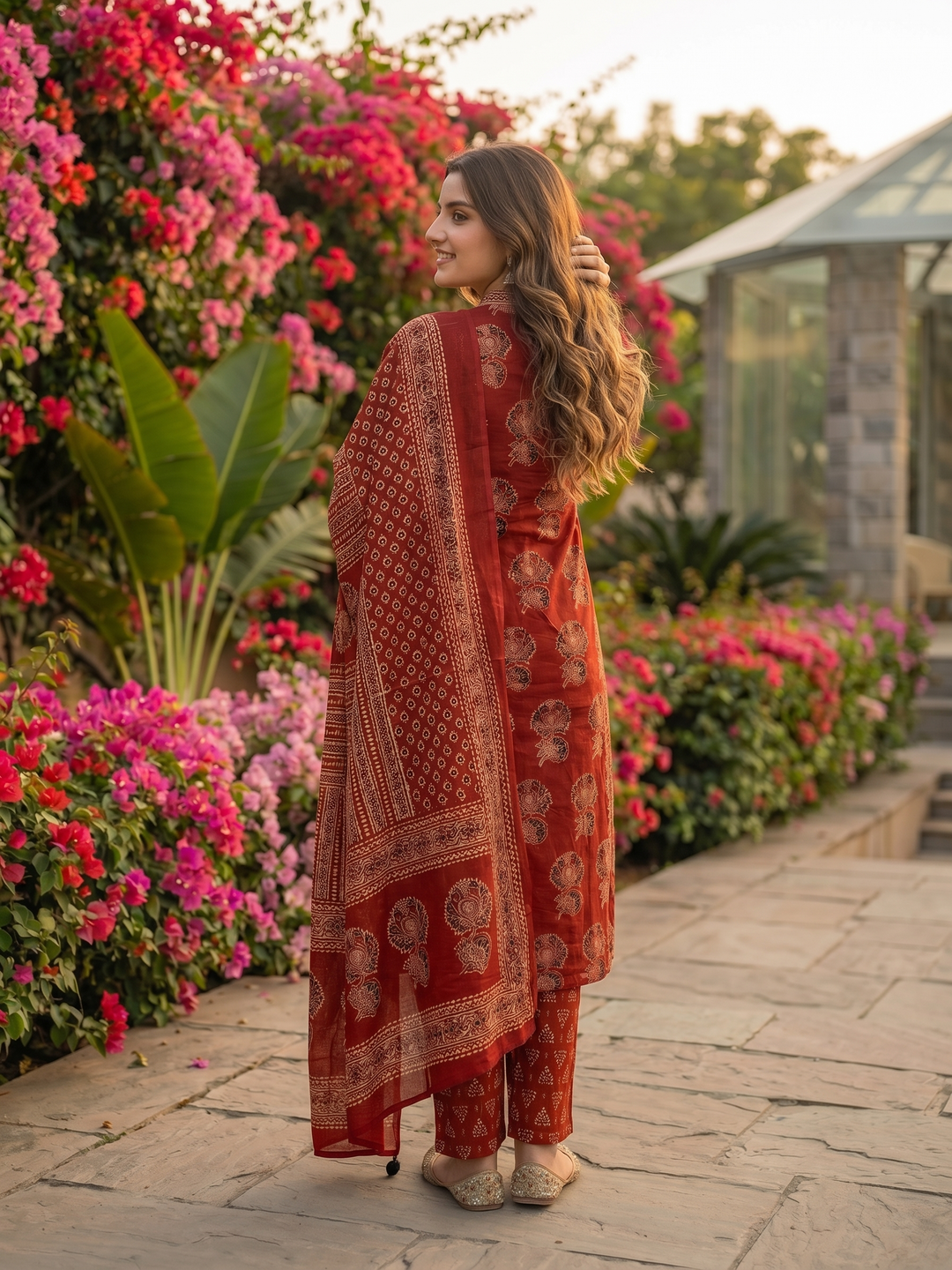 Ethnic Bagru Printed Sequin A-Line Kurta with Palazzo & Dupatta - Maroon
