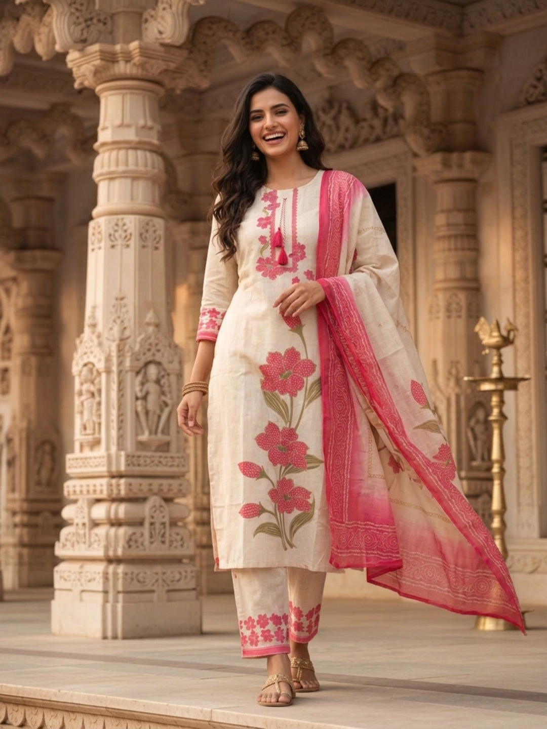 Floral Printed & Sequin Work Straight Kurta with Pant & Dupatta - Cream