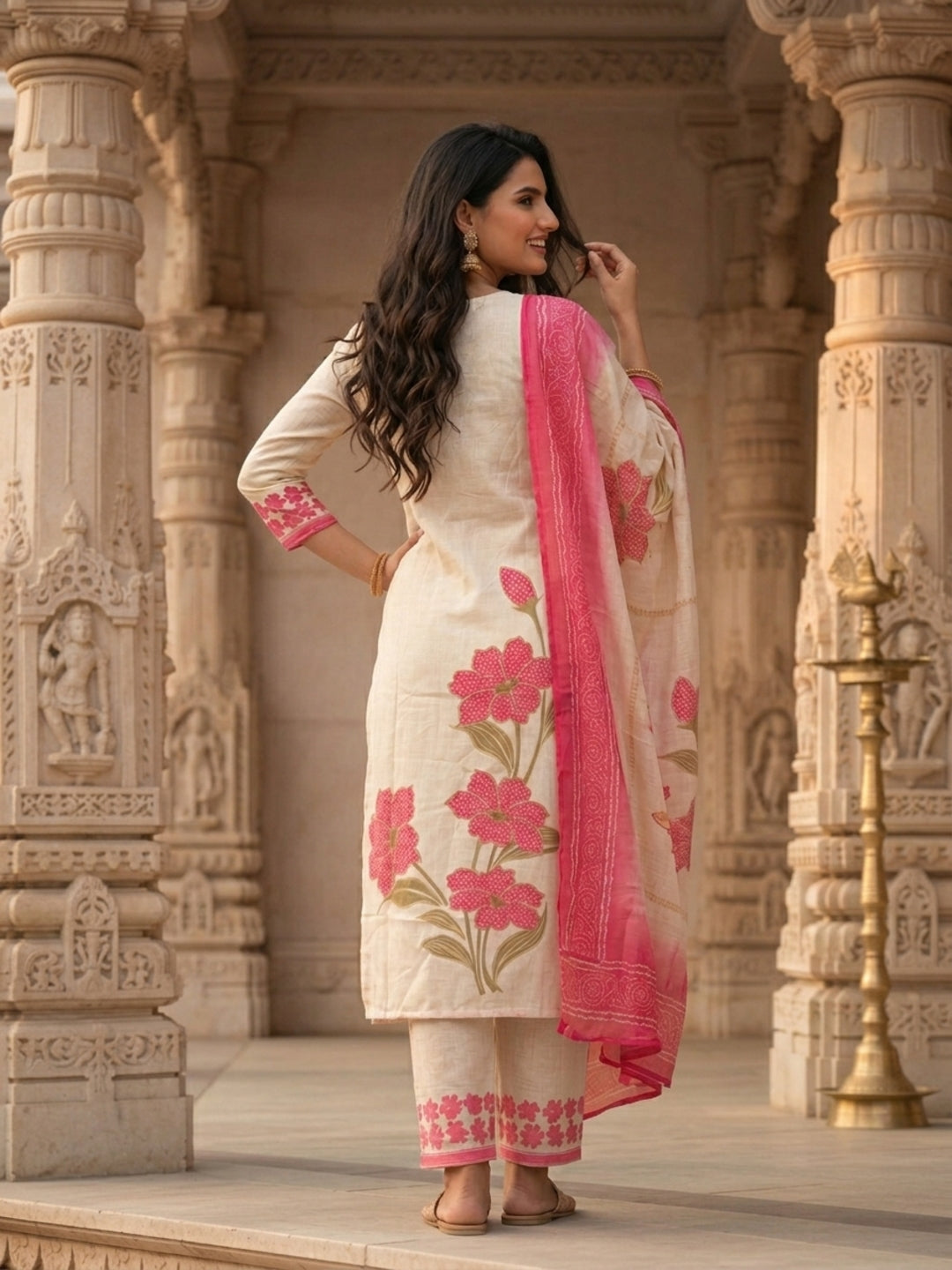 Floral Printed & Sequin Work Straight Kurta with Pant & Dupatta - Cream