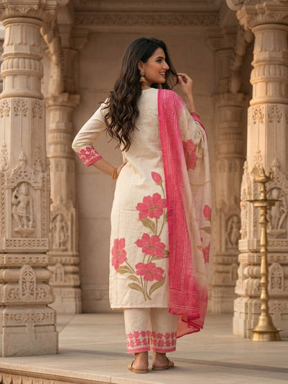 Floral Printed & Sequin Work Straight Kurta with Pant & Dupatta - Cream