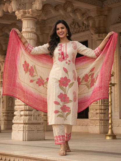 Floral Printed & Sequin Work Straight Kurta with Pant & Dupatta - Cream