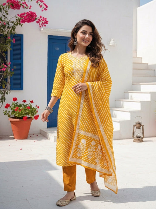 Leheriya Printed & Embroidered Straight Kurta with Pant & Dupatta - Mustard Yellow