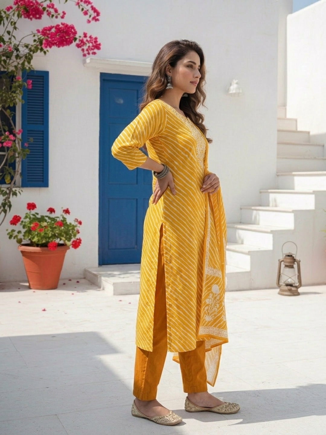 Leheriya Printed & Embroidered Straight Kurta with Pant & Dupatta - Mustard Yellow