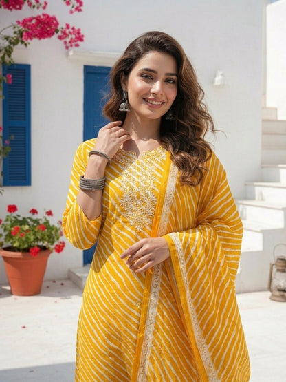 Leheriya Printed & Embroidered Straight Kurta with Pant & Dupatta - Mustard Yellow