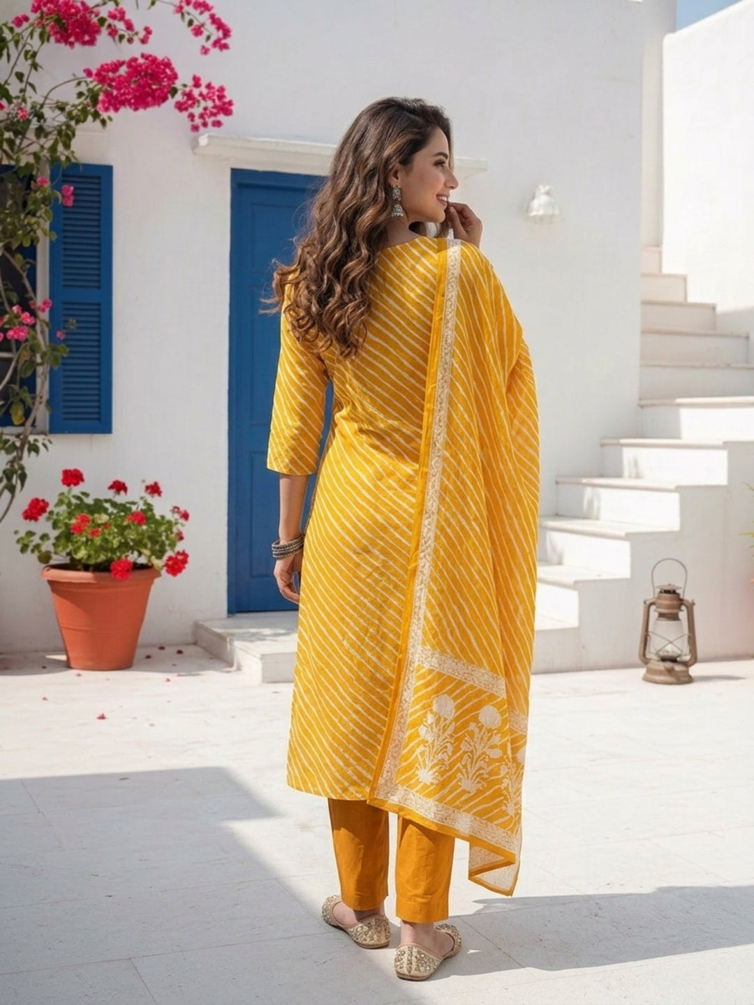 Leheriya Printed & Embroidered Straight Kurta with Pant & Dupatta - Mustard Yellow